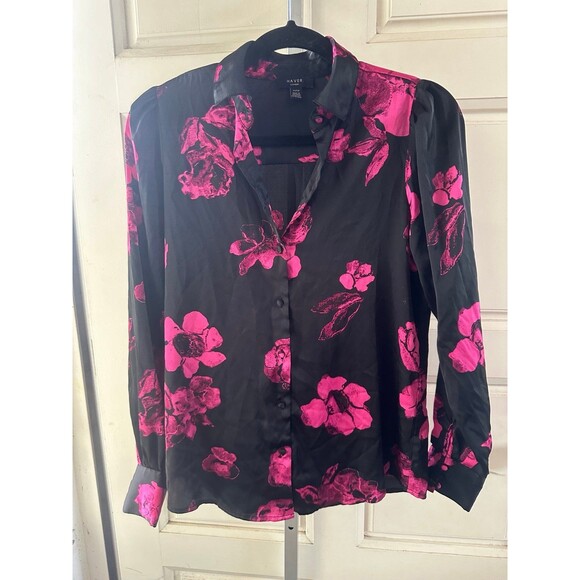 Haver London Women's Floral Satin Like Long Sleeve Button Down Blouse Shirt XS - Picture 2 of 6